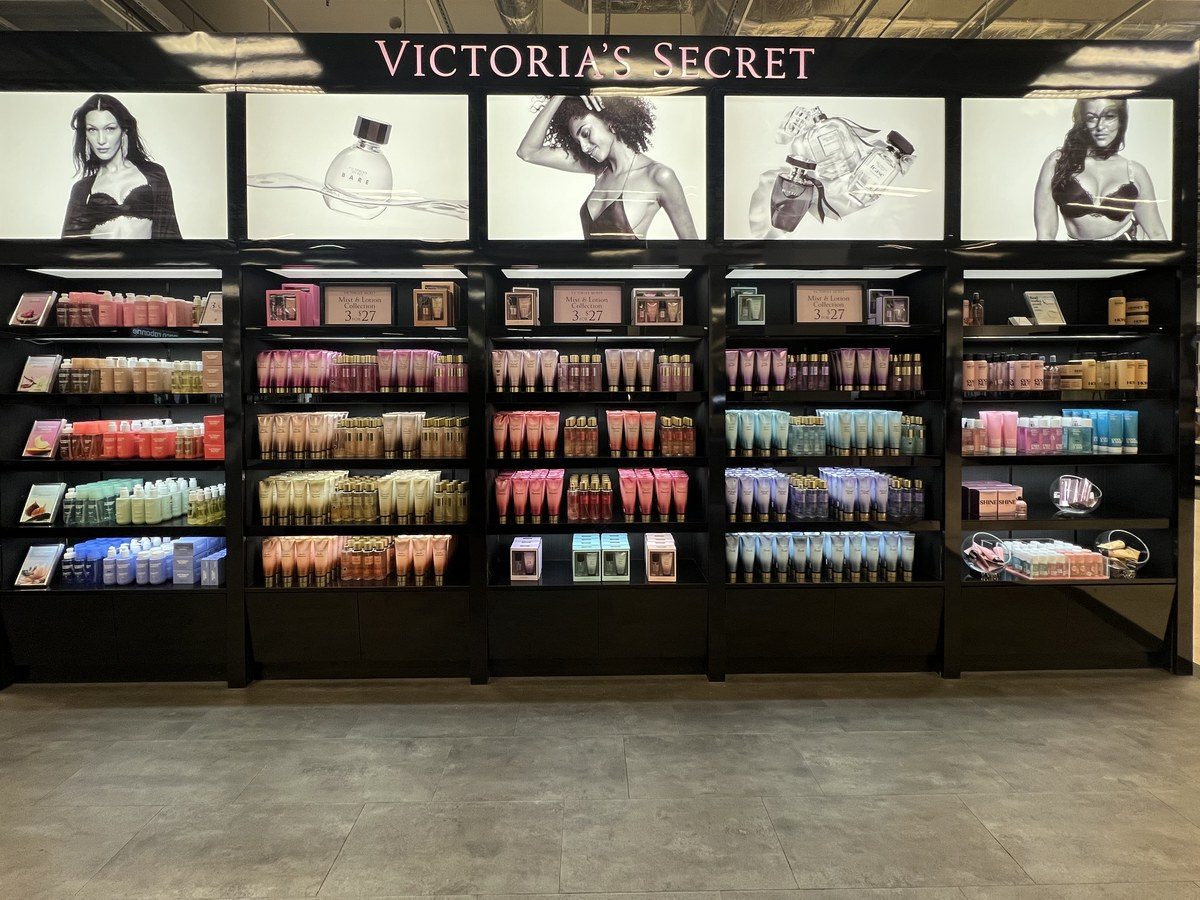 Victoria's Secret store-in-store wall display in an exchange